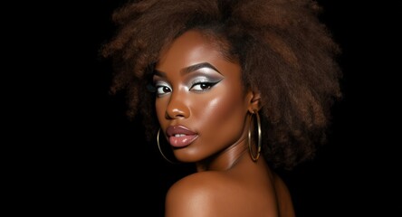 Stylish Black Woman with Curly Hair Wearing Large Gold Hoop Earrings Portrait