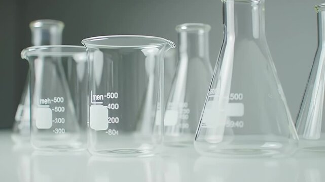 Labware array assortment of clear graduated beakers and flasks sit on a white surface against a gray background