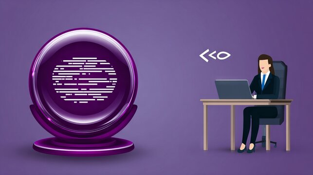 Digital illustration of a woman working at a desk with a laptop, beside a crystal ball displaying abstract data patterns, symbolizing technology and future insights
