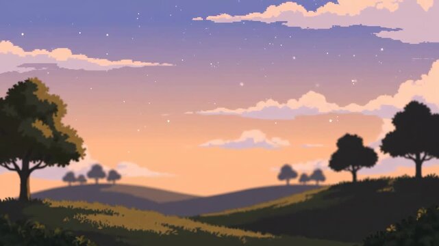 Lofi Sunset Landscape Background - A serene animated landscape featuring rolling hills, silhouetted trees, and a pastel sunset sky.