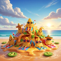 Cartoon nacho chips lounging on a cheese-covered beach, wearing sunglasses and sombreros—a fun summer snack illustration ideal for kids’ menus, seasonal branding, and playful designs.