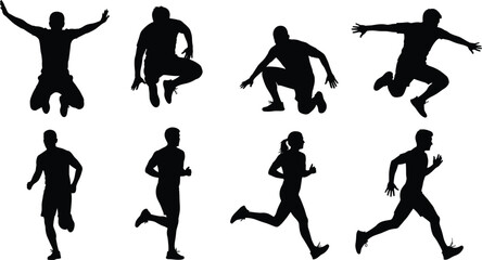 Athlete silhouettes in motion, jumping and running poses, sports illustration, dynamic movement, fitness design, active lifestyle, black figures