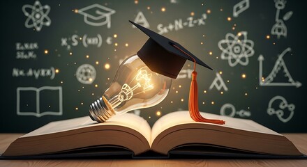 Illuminated lightbulb with graduation cap on an open book, symbolizing education and ideas