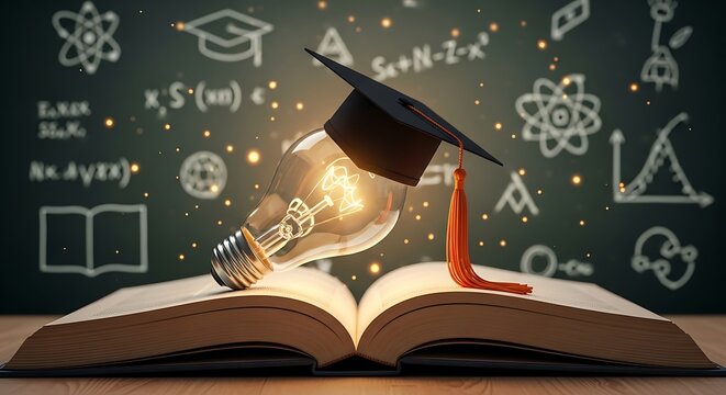 Illuminated lightbulb with graduation cap on an open book, symbolizing education and ideas