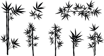 Black Bamboo Silhouette Vector Collection, Elegant Asian Plant Art, Decorative Botanical Clipart for Design, Tattoo, Print, and Nature Themes