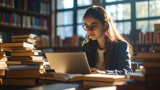 Woman working on laptop in library