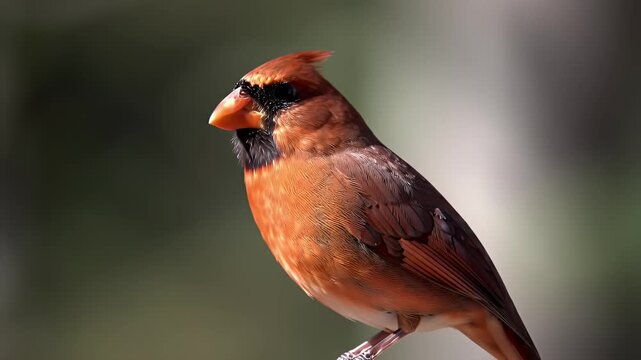 Vibrant reddish-orange bird with distinctive crest and black mask perched in natural outdoor setting, showcasing beautiful plumage and detailed fea...