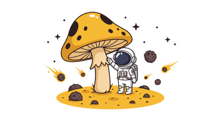Cute Astronaut Exploring Alien Planet with Giant Mushroom