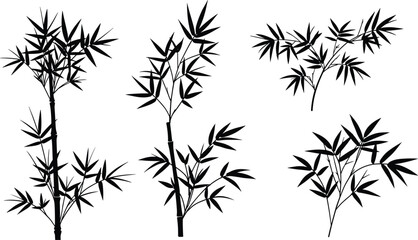 Tall Bamboo Silhouette Vector Set, Black Botanical Plant Illustrations, Decorative Asian Bamboo Stalks and Leaves for Nature Art Design