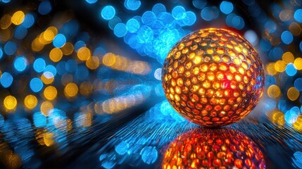 Golden-orange sphere with glowing honeycombed texture,  set against a backdrop of vibrant blue and yellow bokeh lights