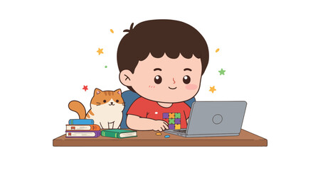 Cute Cartoon Boy Learning Online with Pet Cat