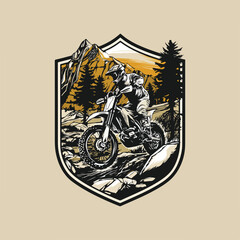 Bold badge-style logo of a white man riding a motor trail across rocky terrain with pine forest and mountain backdrop. Rugged black-white-yellow vector with dirtbike, motocross, and enduro energy.