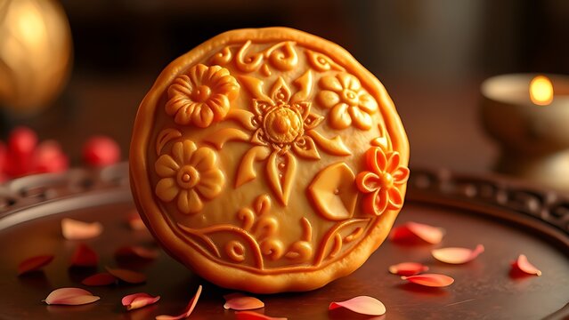 A festive mooncake with floral imprints and golden accents, celebrating China National Day with elegance.