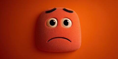 A stylized, three-dimensional orange cube with a sad expression. The cube has large, round, dark eyes and a downturned mouth, conveying a feeling of melancholy. It?