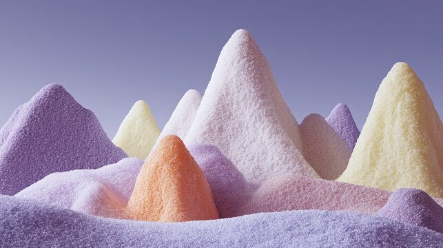 A mountain of white, orange and pink sugar, each with its own color, forms a colorful pattern, with soft lighting highlighting that accentuates textures and colors against an isolated background.