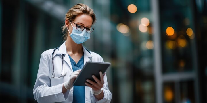 A female doctor, wearing a white medical coat, blue scrubs, a face mask, and gloves, stands outdoors at night. She is intently focused on a digital tablet,  - Powered by Adobe