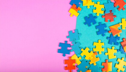 Colorful Puzzle Pieces on Pink and Teal Background, Top-Down View