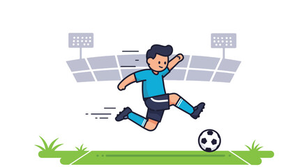 Young Soccer Player Kicking Ball on Field with Stadium Background