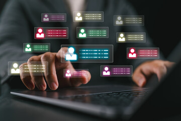 Businessman messaging team with using laptop computer. Collaboration platform. Employee communication and knowledge sharing on discussion forums in internal social network.