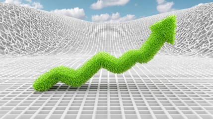 A 3D grid image featuring a rising green line graph.