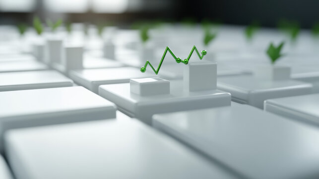 A 3D grid with a rising green line graph indicating success 