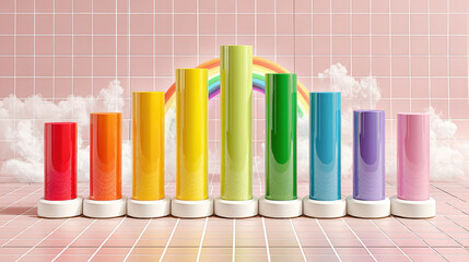 A 3D illustration of a colorful bar graph rising on a grid background
