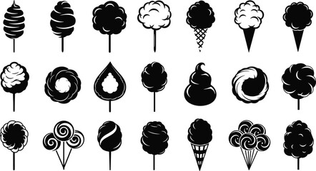 Cotton candy and ice cream icon set, sweet treat vector pack, dessert silhouette collection, swirl cone graphic, snack illustration
