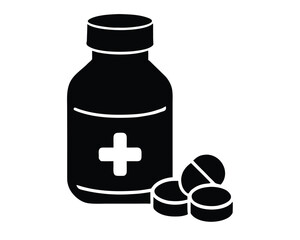 Medicine Bottle Icon with Pills and Health Cross Symbol