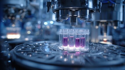 Medium shot capturing a shaker incubators rotating platform holding bioreactor vials with engineered microbes other lab elements softly out of focus showcasing experimental