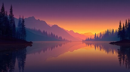 Fototapeta premium A serene landscape featuring mountains, a calm lake, and a colorful sunset reflecting on the water, surrounded by silhouettes of pine trees.