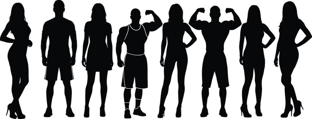 Cyclist silhouettes, bike posture, riding styles, bicycle design, side profile, sports motion, black outline, cycling vector, athlete icon