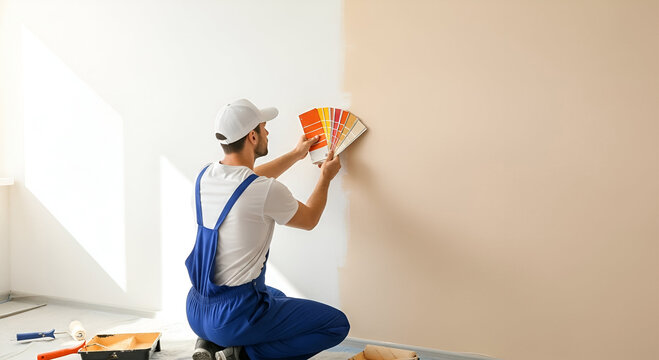 A painter examines a color swatch, preparing to paint a wall in a room.