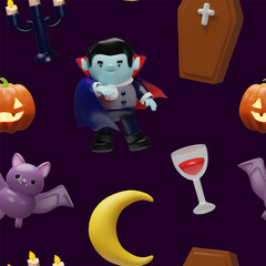 3D seamless Halloween pattern with cute vampire, coffin, bat, crescent moon, candelabra, pumpkin, and goblet with red drink on a dark background, for spooky holiday designs and festive decorations.