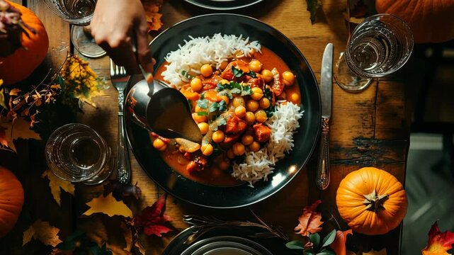 Cozy autumn dining: serving hearty stew and rice at a festive table setting