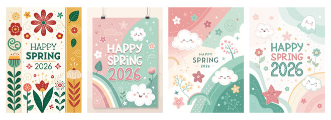 Obraz premium Colorful spring-themed illustrations celebrating the season with flowers and cheerful designs.