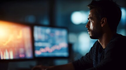 Financial analyst reviewing data dashboards in a professional workspace