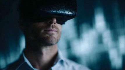 Virtual reality investor analyzing 3D financial data