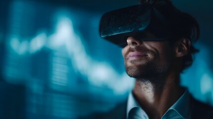 Investor viewing 3D financial data in immersive virtual reality
