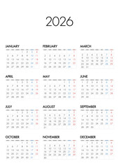 2026年の年間カレンダー月曜始まり日本の祝日表記は無し