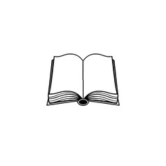 Photo of black and white line drawing of an open book isolated on transparent background