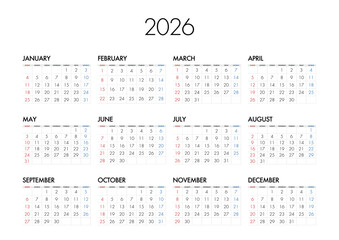 2026年の年間カレンダー日曜始まり日本の祝日表記は無し