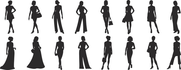 Fashion silhouette icon set, stylish female figure vector, clothing and posture variations, black design graphics, modern outfit illustration