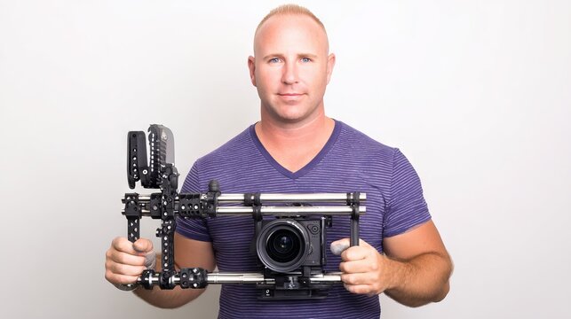 Male videographer holding a professional camera rig with stabilizer, showcasing equipment and skills in a studio environment, emphasizing creativity and passion for filmmaking