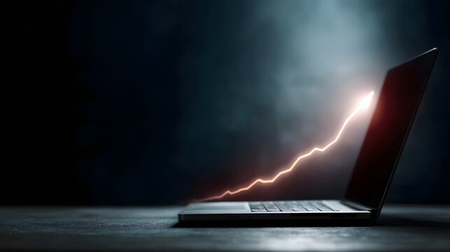Growth curve emerging from a laptop amid lightning like digital sparks - Powered by Adobe