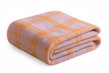 Soft fleece blanket with orange checks folded neatly, providing warmth and comfort on a transparent background