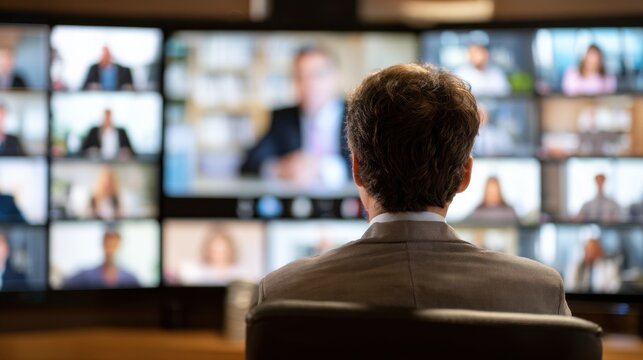 Medium shot capturing a focused executive speaking at an ESG disclosure livestream with blurred monitors and virtual participants in the background emphasizing transparency and