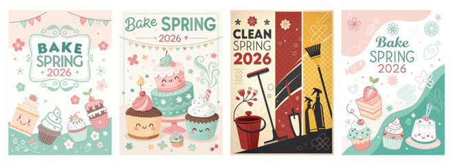 Obraz premium Colorful spring-themed illustrations featuring baked goods and cleaning supplies, perfect for seasonal promotions.
