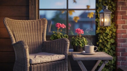 Cozy Wicker Chair and Coffee on a Sunlit Patio with Autumn Leaves