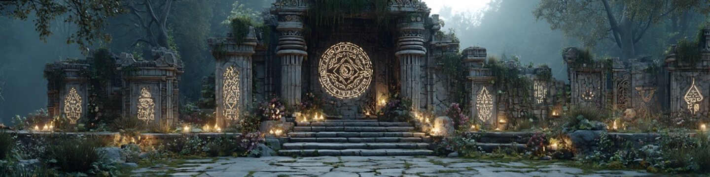 Mystical AI glyphs glowing on dark ancient brick walls under moonlight