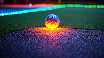 Illuminated golf ball on a nighttime mini-golf course.  Colorful lights highlight the ball and surrounding surface.  Abstract lighting effects on the textured surface